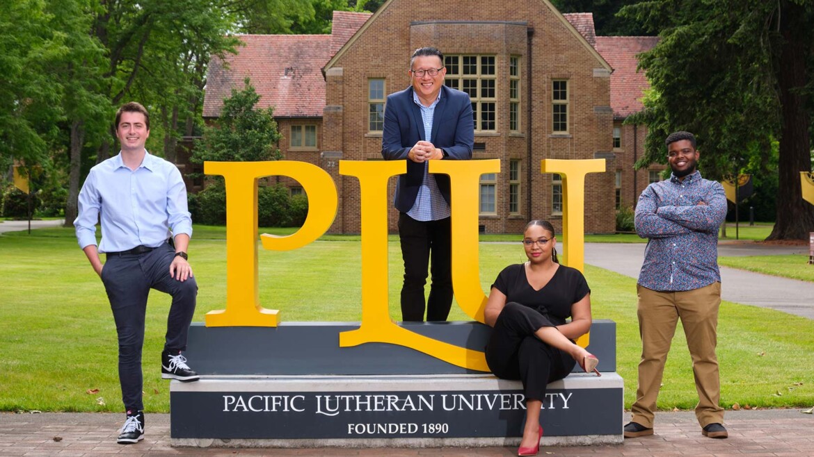 Creative Director Simon Sung and his current and former design interns Elexia Johnson '18, Colton Walter '19, and Paulo Chikoti-Bandua '20