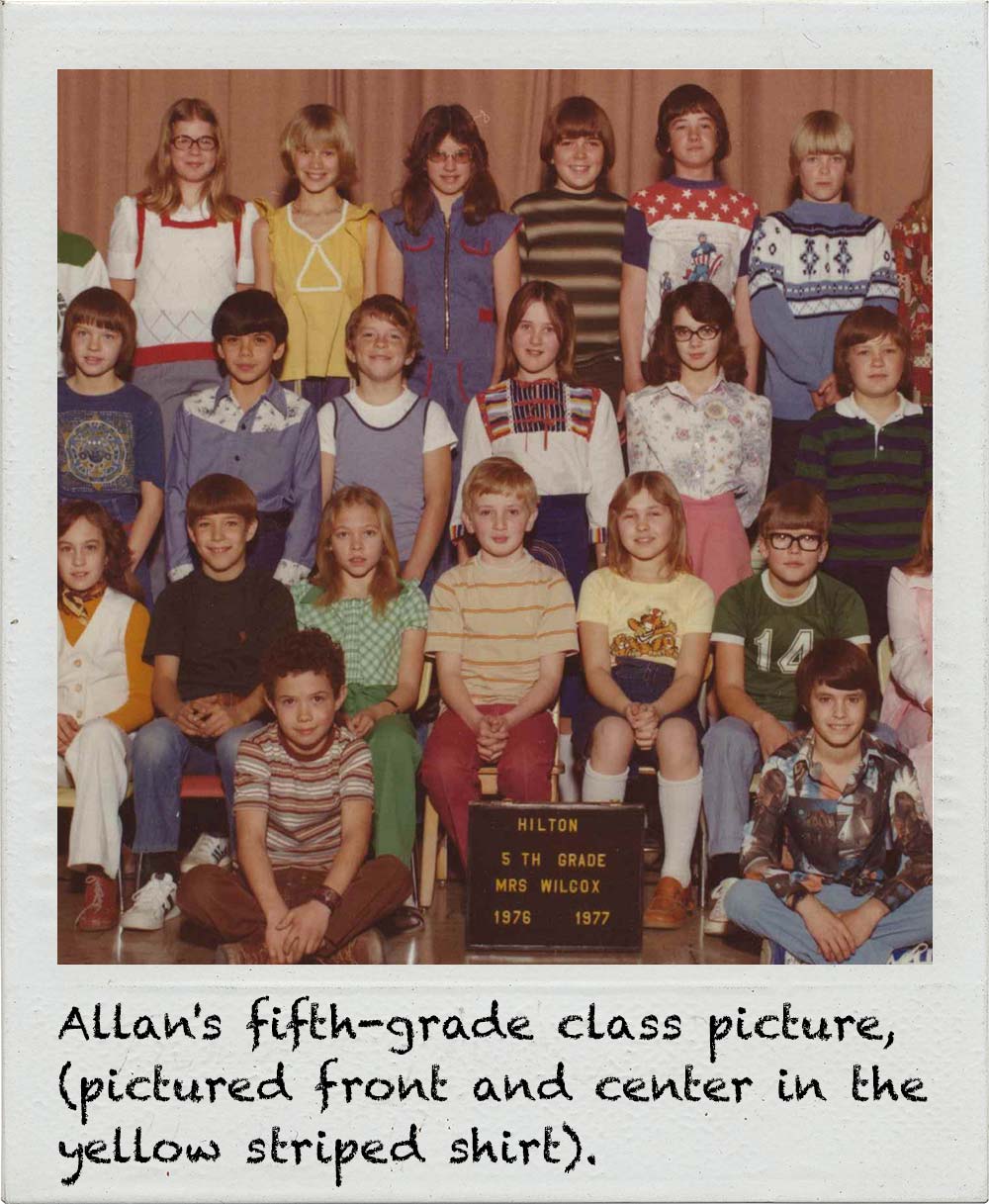 Allan's fifth-grade class picture, taken in Zillah, Washington, where he grew up (pictured front and center in the yellow striped shirt).