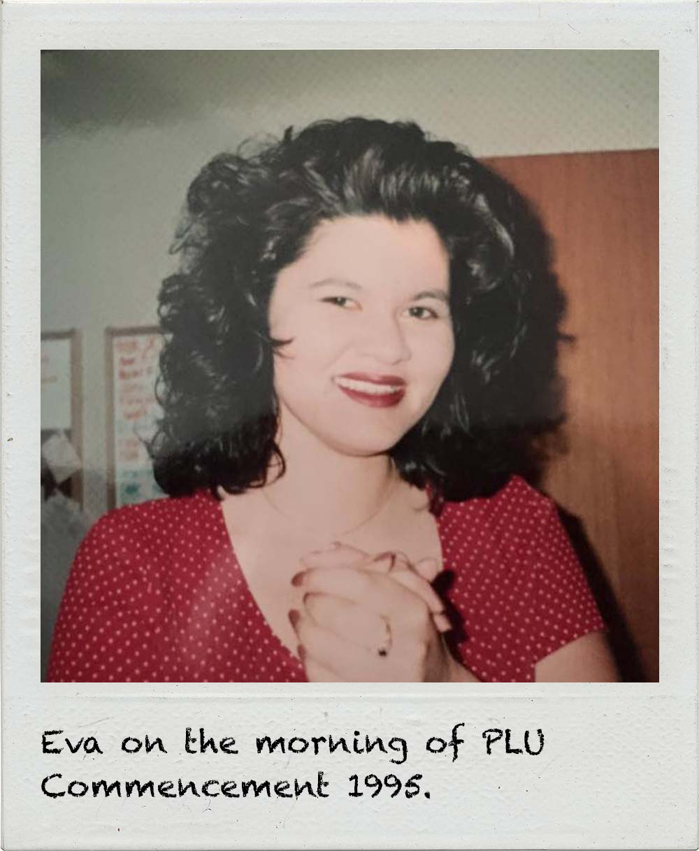 Eva on the morning of PLU Commencement 1995.