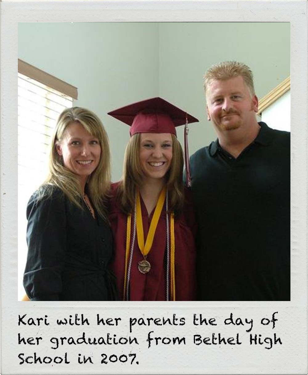 Kari with her parents the day of her graduation from Bethel High School in 2007.
