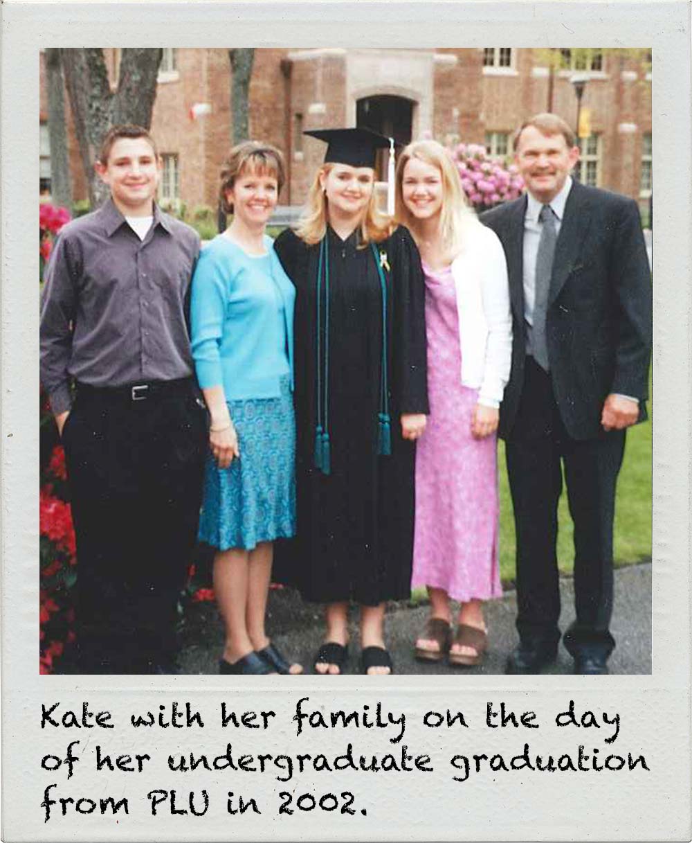 Kate with her family on the day of her undergraduate graduation from PLU in 2002.