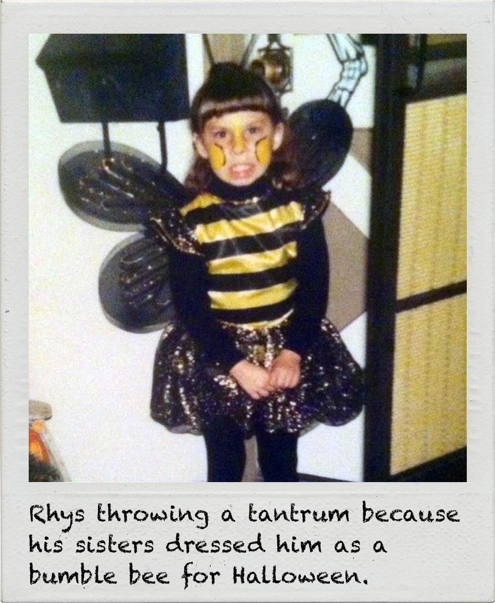 Rhys throwing a tantrum because his sisters dressed him as a bumble bee for Halloween.