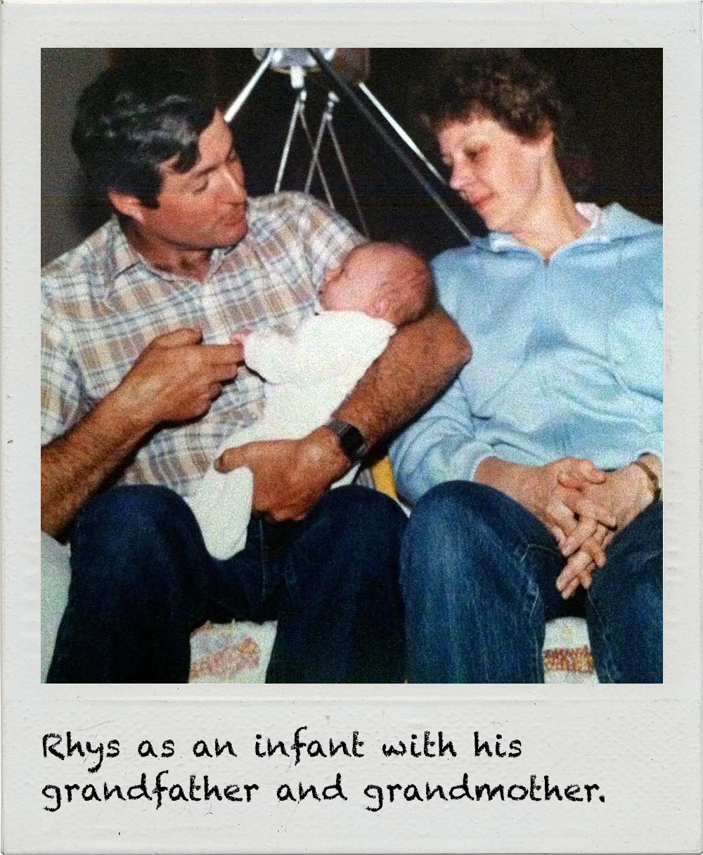 Rhys as an infant with his grandfather and grandmother.