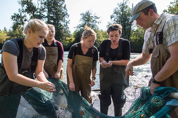 Jacob Egge's biology class collecting specimens in the Nisqually river. Thursday, Sept. 14, 2017. (Photo: John Froschauer/PLU)