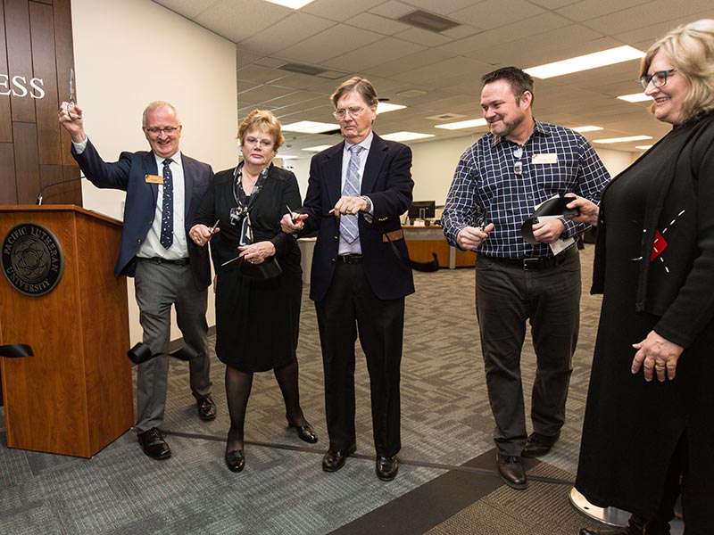 Dedication of the Nate Schoening Student Success Center in the Mortvit Library at PLU, Feb. 8, 2019.