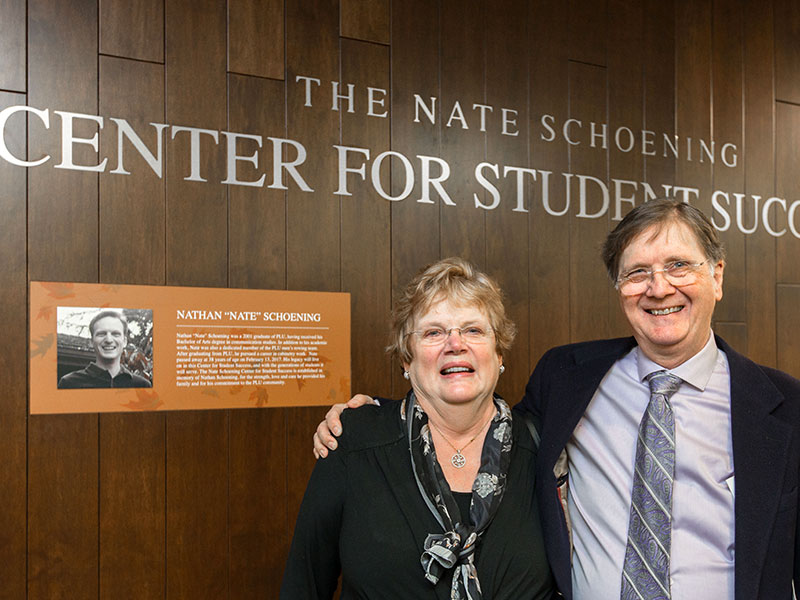Dave ’68 and Chris ’68 Schoening, parents of Nate. Their generous donation established the center in memory of their son.