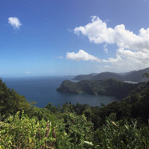 An overlooking view on the water and island in Trindad