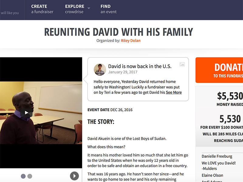 Crowdrise fundraiser website showing the money raised for David