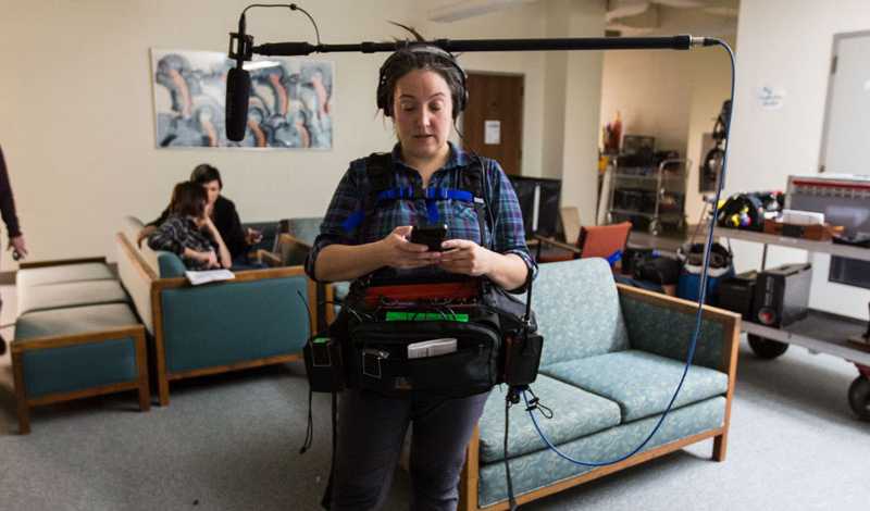 The cast and crew for the pilot TV series, "The Gamers," films on Pacific Lutheran University's campus in early November 2016. (Photo by John Froschauer/PLU)