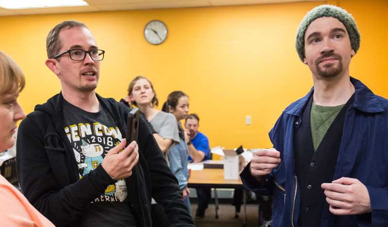 The cast and crew for the pilot TV series, "The Gamers," films on Pacific Lutheran University's campus in early November 2016. (Photo by John Froschauer/PLU)