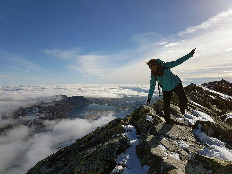 Karin Luvaas ’17 stands atop the peak Gaustatoppen, located about an hour and a half outside Telemark, Norway.