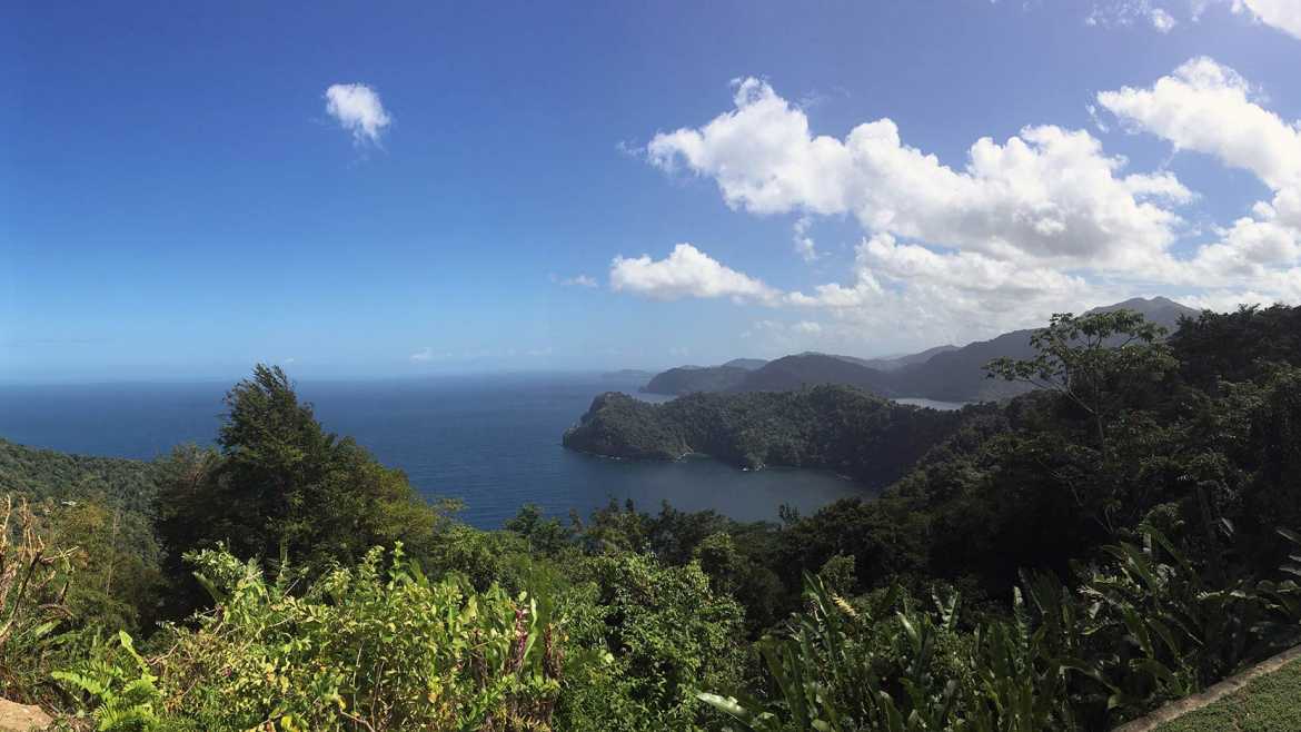 An overlooking view on the water and island in Trindad