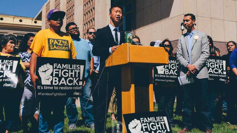 Thomas Kim ’15, speaks on behalf of the Arizona Dream Act Coalition at a press conference leading up to the Supreme Court’s June 23, 2016, ruling on Deferred Action for Parents of Americans.