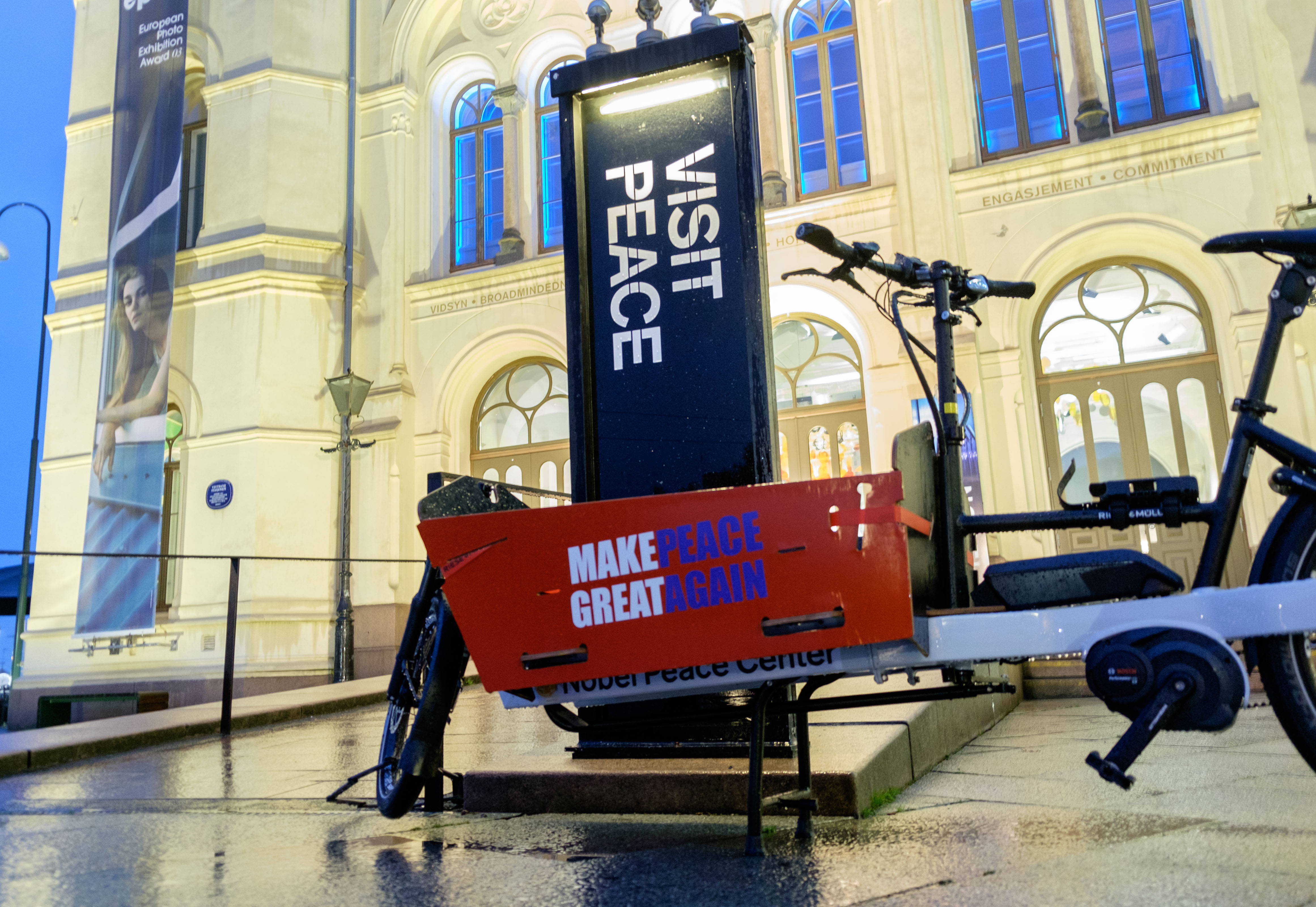 A display outside the Nobel Peace Center in Oslo, Norway. (Photo by John Froschauer/PLU)