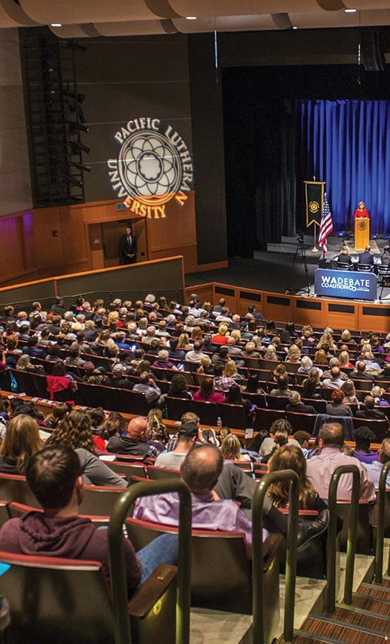 Democratic Senator Maria Cantwell and Republican challenger Susan Hutchison met for their only Western Washington debate in Karen Hille Phillips Center. Photo courtesy of The News Tribune.