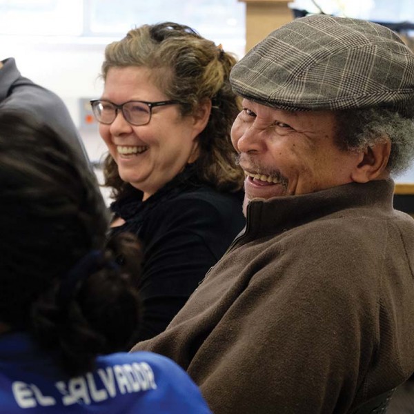 Trinidadian author Earl Lovelace leads a Caribbean history class with Associate Professor Gina Hames.