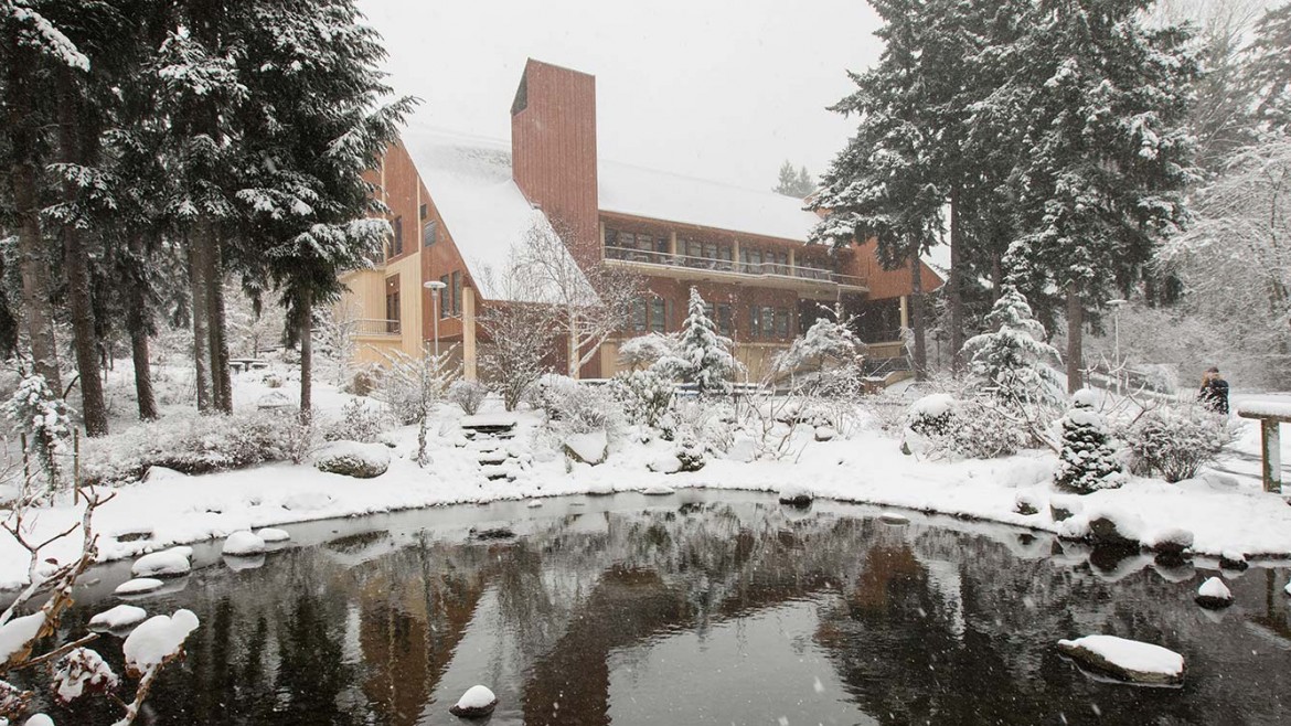 PLU campus in the snow, Monday, Feb. 4, 2019. (Photo: PLU/John Froschauer)