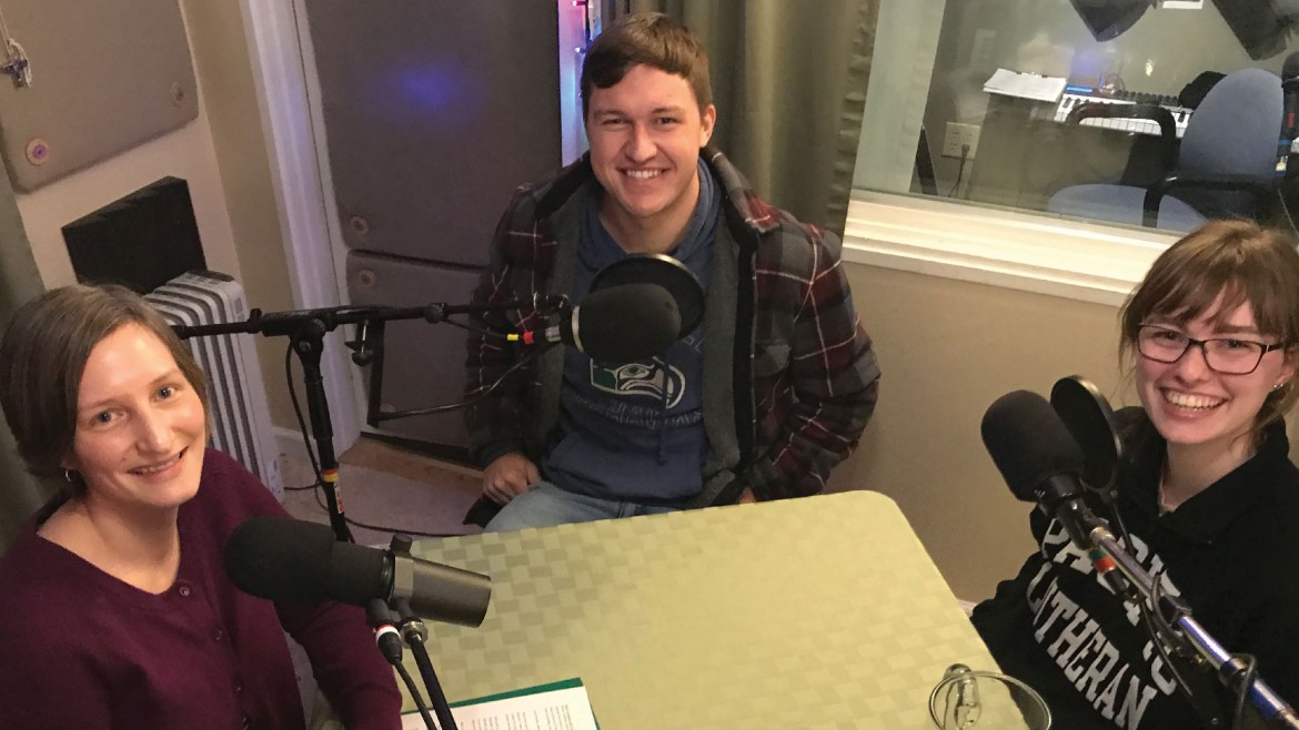 Rev. Jen Rude, Emily Shane '19 and Alex Lund '18 sitting down and recording a podcast