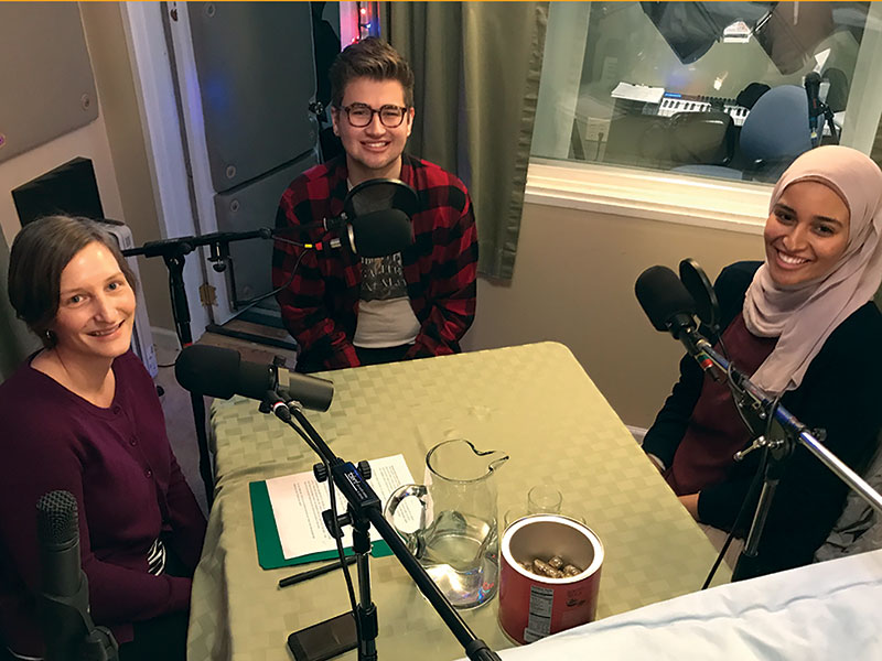Rev. Jen Rude, Emily Shane '19 and Alex Lund '18 sitting down and recording a podcast