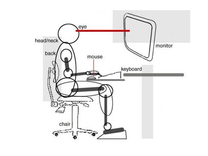Ergonomics infographic showing that the eyes should be looking straight ahead at the computer monitor, the back should be straight, the arms should be at a 90 degree angle while using the keyboard.