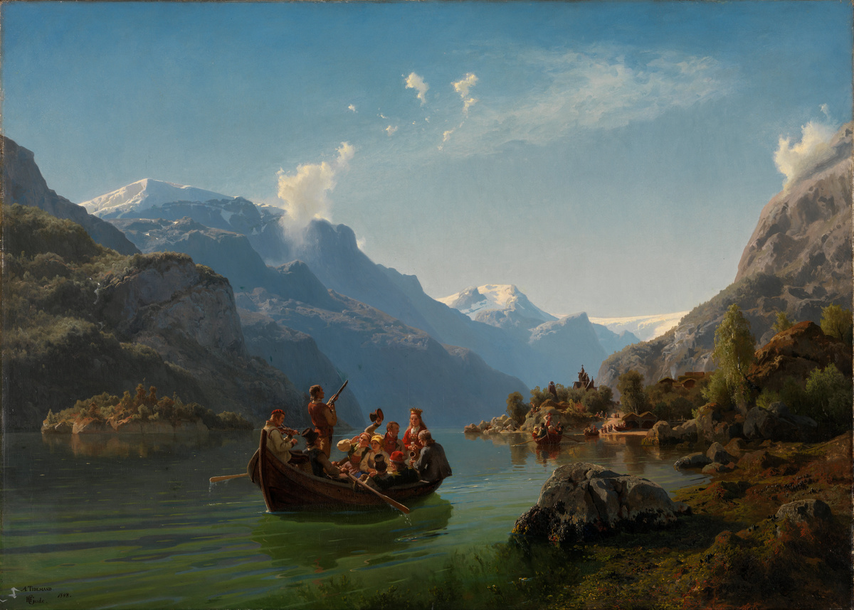 Bridal Procession on the Hardangerfjord - people rowing down a river