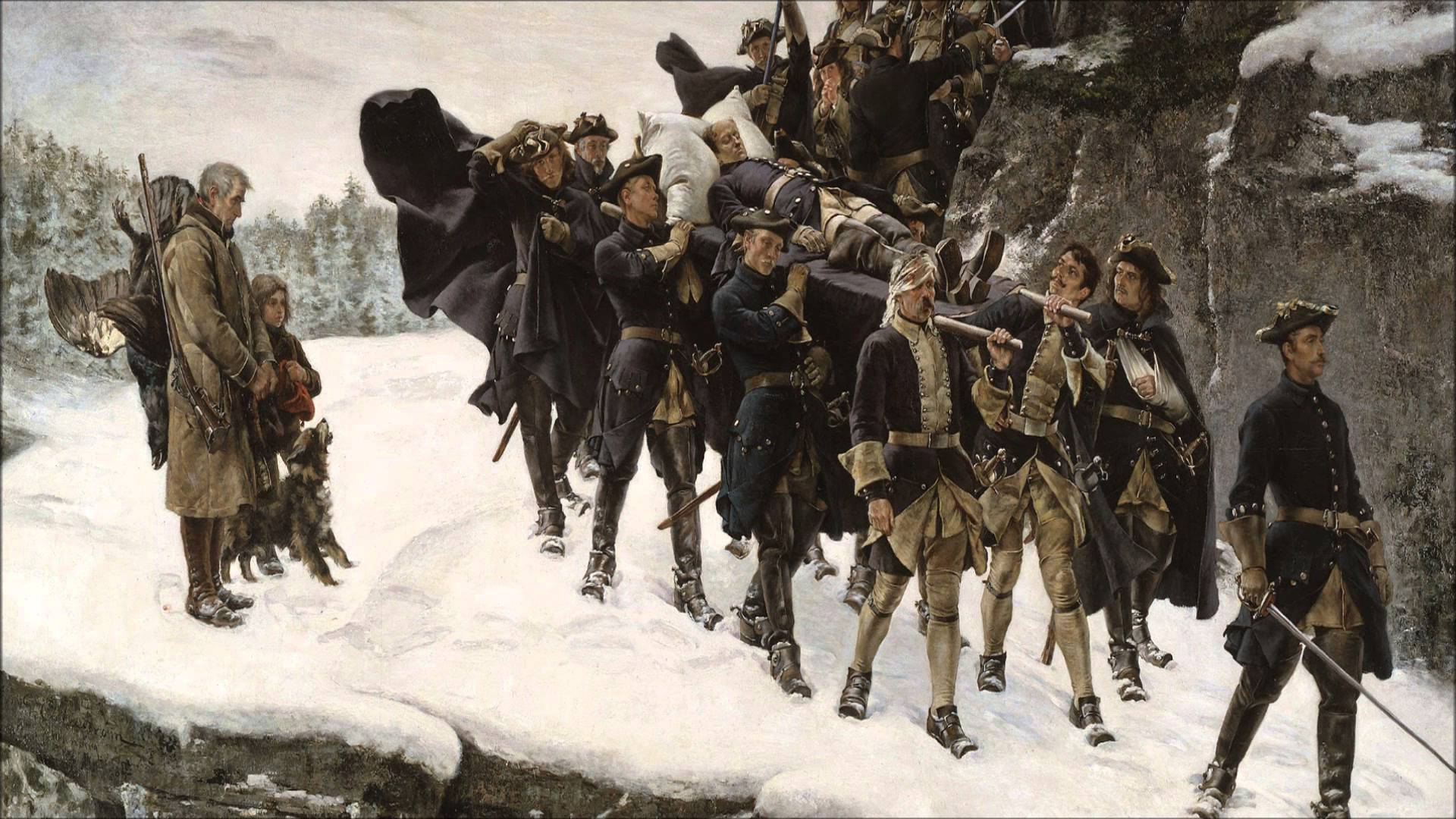Karl XII Likfard - group of soldiers carrying another down a snow covered trail