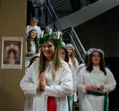 Sankta Lucia students walking down the stairs