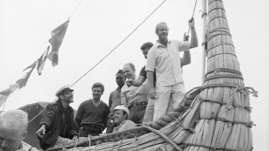 Thor Heyerdahl with crew on the bow of the "Ra," Safi, Morocco. 5/22/69. - Credit: Bettmann Archive