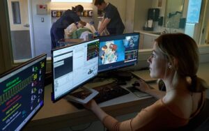 Two nursing students in the simulation lab with Amber Eggers at the controls , Thursday, June 23, 2022, at PLU. (Photo/John Froschauer)