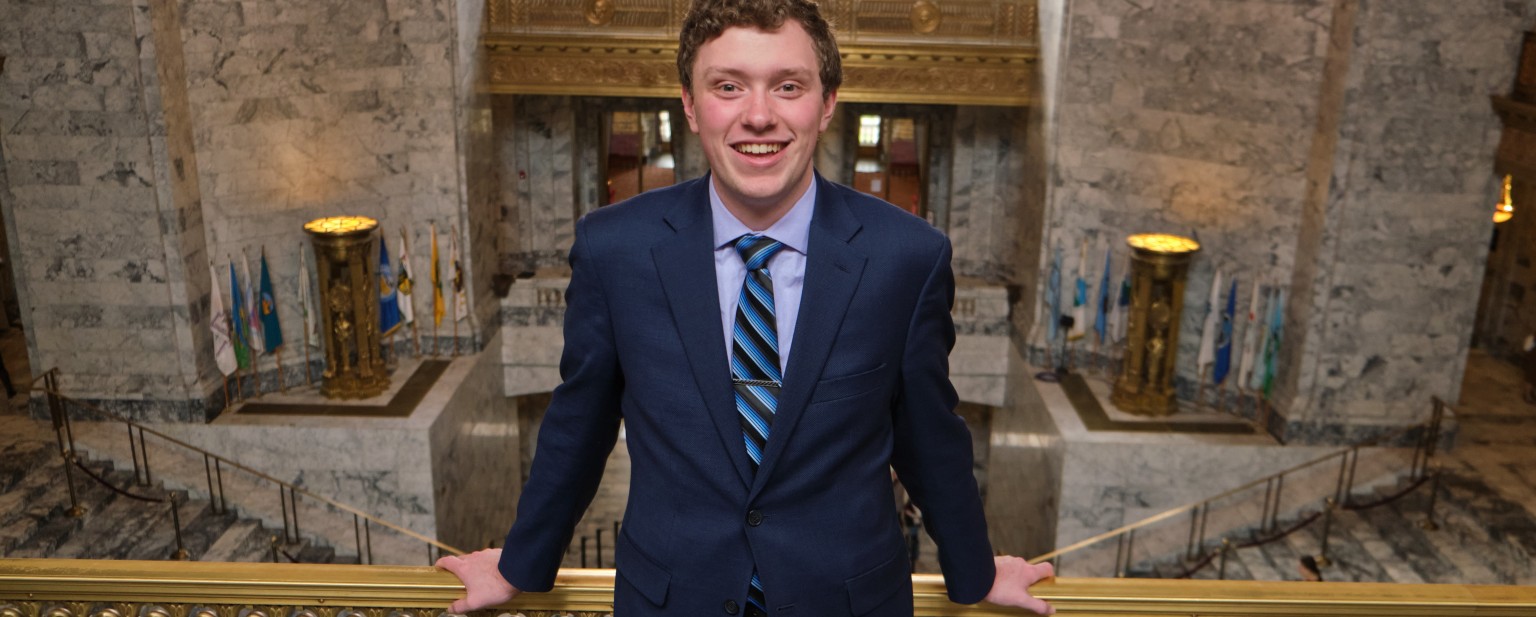 Image: Pacific Lutheran University political science major Jeremy Knapp ‘21 is learning the ins and outs of the Washington State Senate as an intern for Sen. Marko Liias (D-Lynnwood) in Olympia. (Photo/John Froschauer)