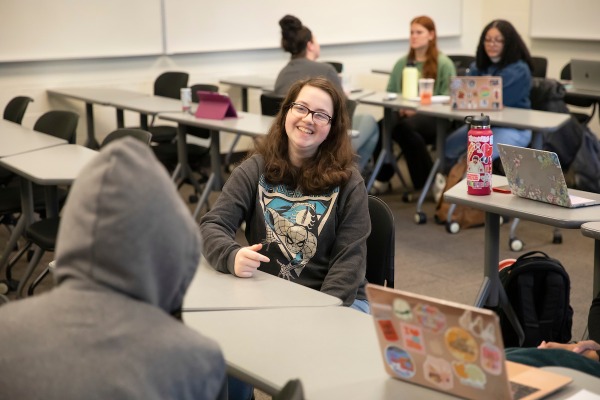 Assistant Professor Ran Winnett leads the SOCW 360 course, Thursday, April 6, 2023, in Hauge at PLU. (PLU Photo / Sy Bean)