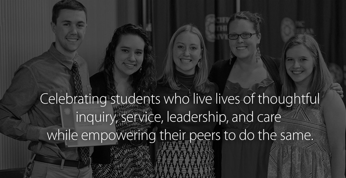 Student Leadership Recognition - Celebrating students who live lives of thoughtful inquiry, service, leadership, and care while empowering their peers to do the same. Picture of 5 students receiving an award.
