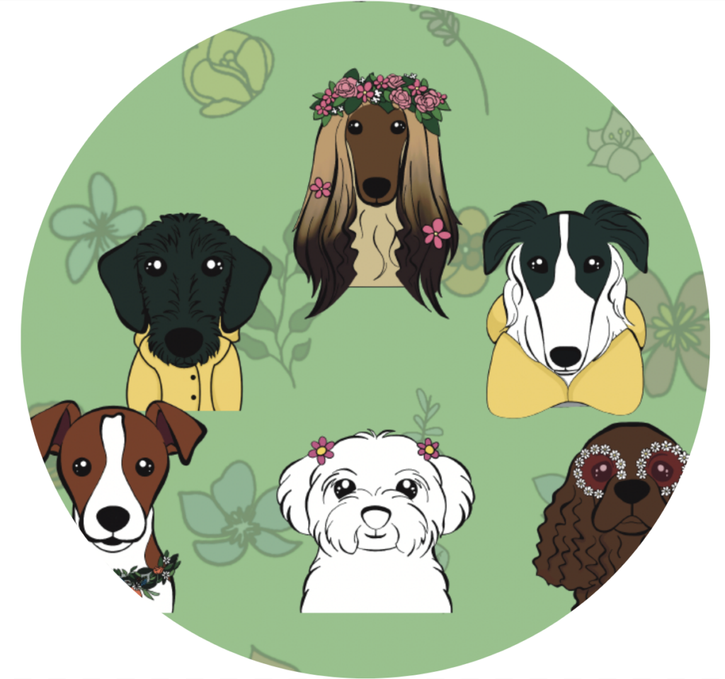 Green circle with six dog breeds (cartoon style)