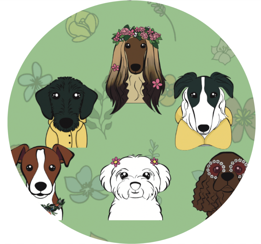 Therapy Dogs Green circle with six dog breeds (cartoon style)