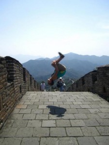 Evan doing a backflip on the Great Wall of China