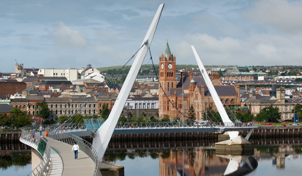 View of Peace Bridge and Guildhall crop Image of Peace Bridge in Northern Ireland