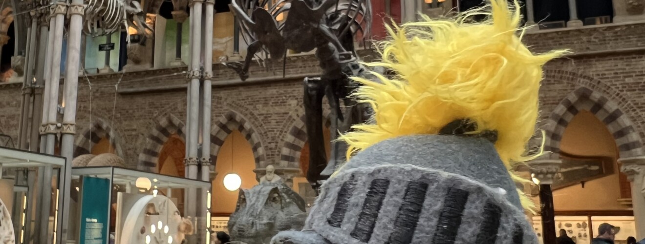 mini PLU mascot in Museum of Natural History in England