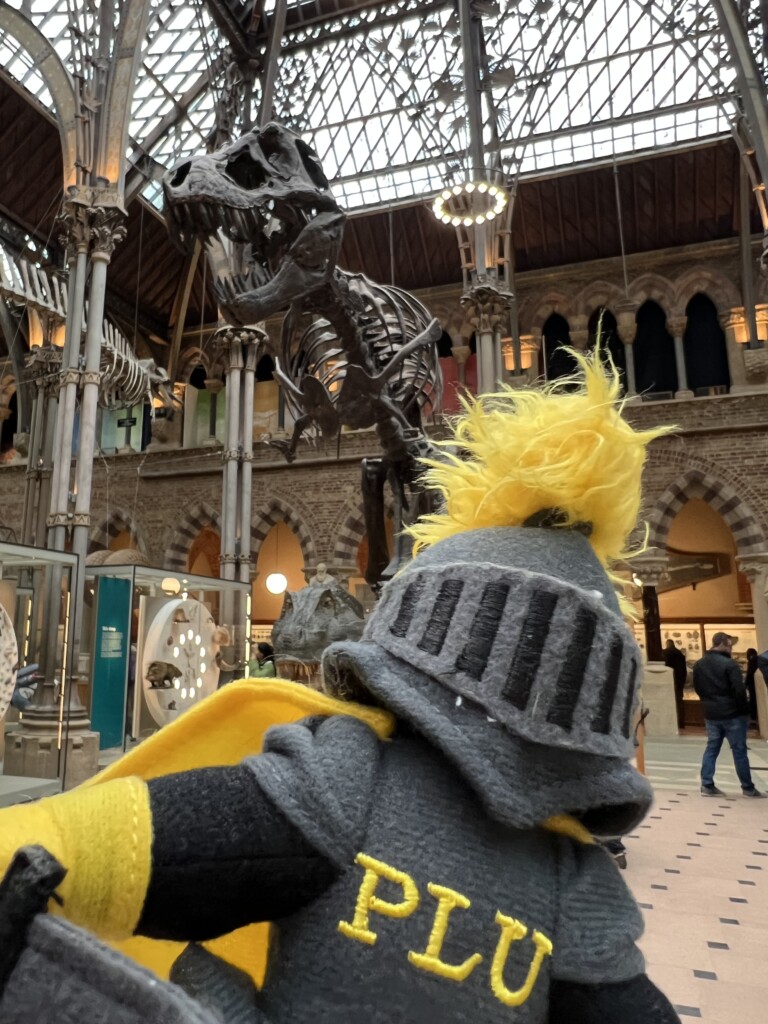 Lutes away mini PLU mascot in Museum of Natural History in England