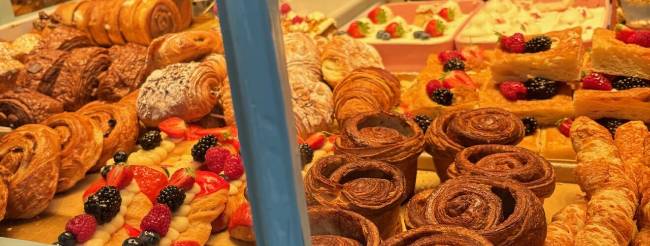 Pastries in cafe window in London