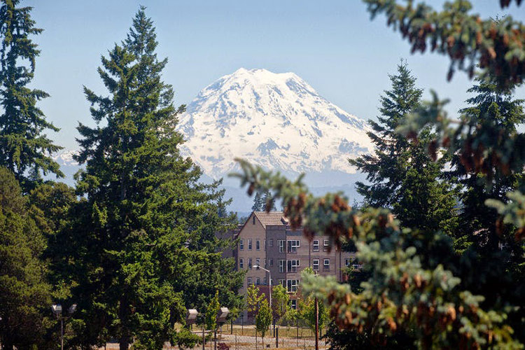 South Hall and Mt. Rainier view from PLU.