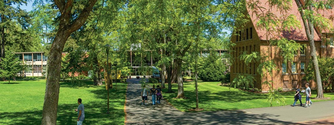 The view from Red Square toward Xavier Hall and the Hauge Administration building at PLU.