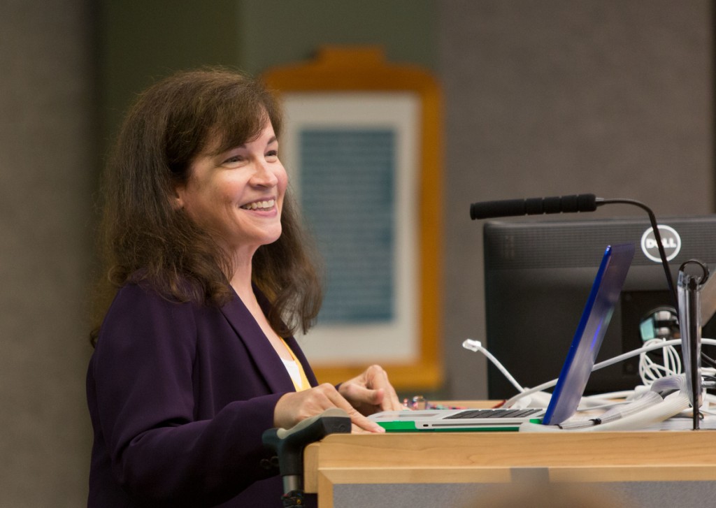 Meant to Live lecture by Janice Brunstrom-Hernandez, MD, '83, for Homecoming 2015 at PLU on Thursday, Oct. 8, 2015. (Photo/John Froschauer)