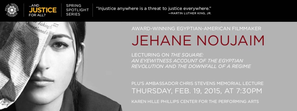 Award-Winning Egyptian-American Filmmaker Jehane Noujaim lecturing on The Square: An Eyewitness Account of the Egyptian Revolution and the Downfall of a Regime.