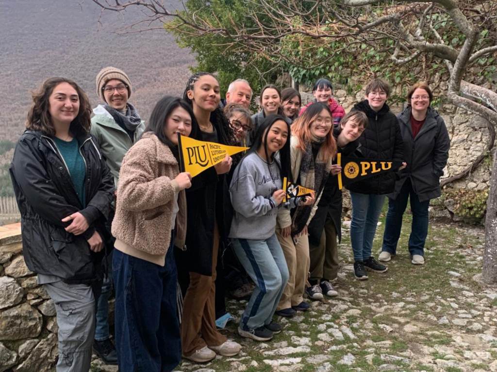 A group of students by a stone wall with PLU penants