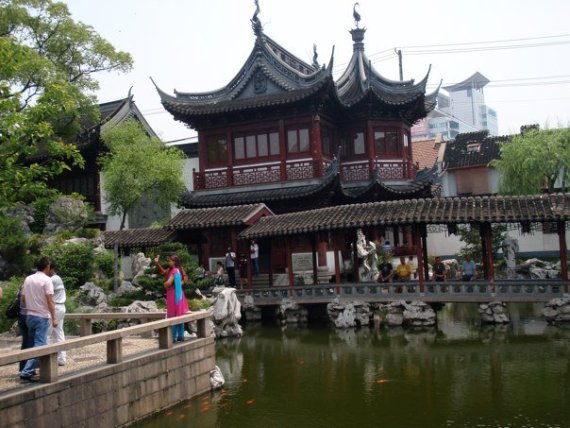 Buildings along a pond in China