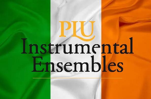 An image displaying the title "PLU Instrumental Ensembles". The design features a background resembling a flag.