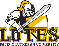 A logo for Pacific Lutheran University showing the knight holding a sword and shield