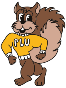 A happy athropomorphic squirrel wearing a yellow PLU crewneck.